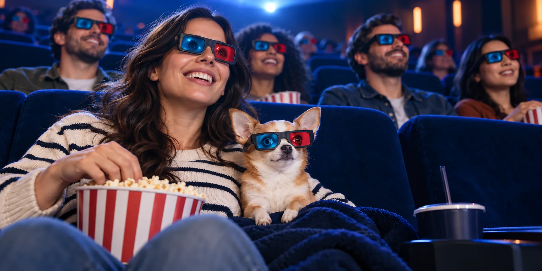 Mujer, chihuahua y público con anteojos 3D en una sala de cine