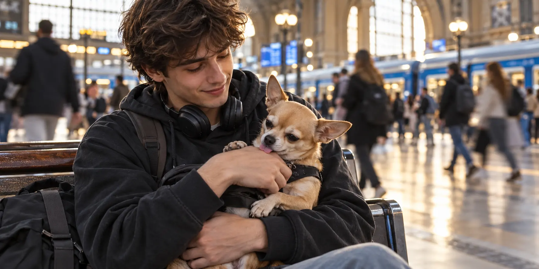 Un joven sonríe mientras su chihuahua le lame la mano en una estación concurrida