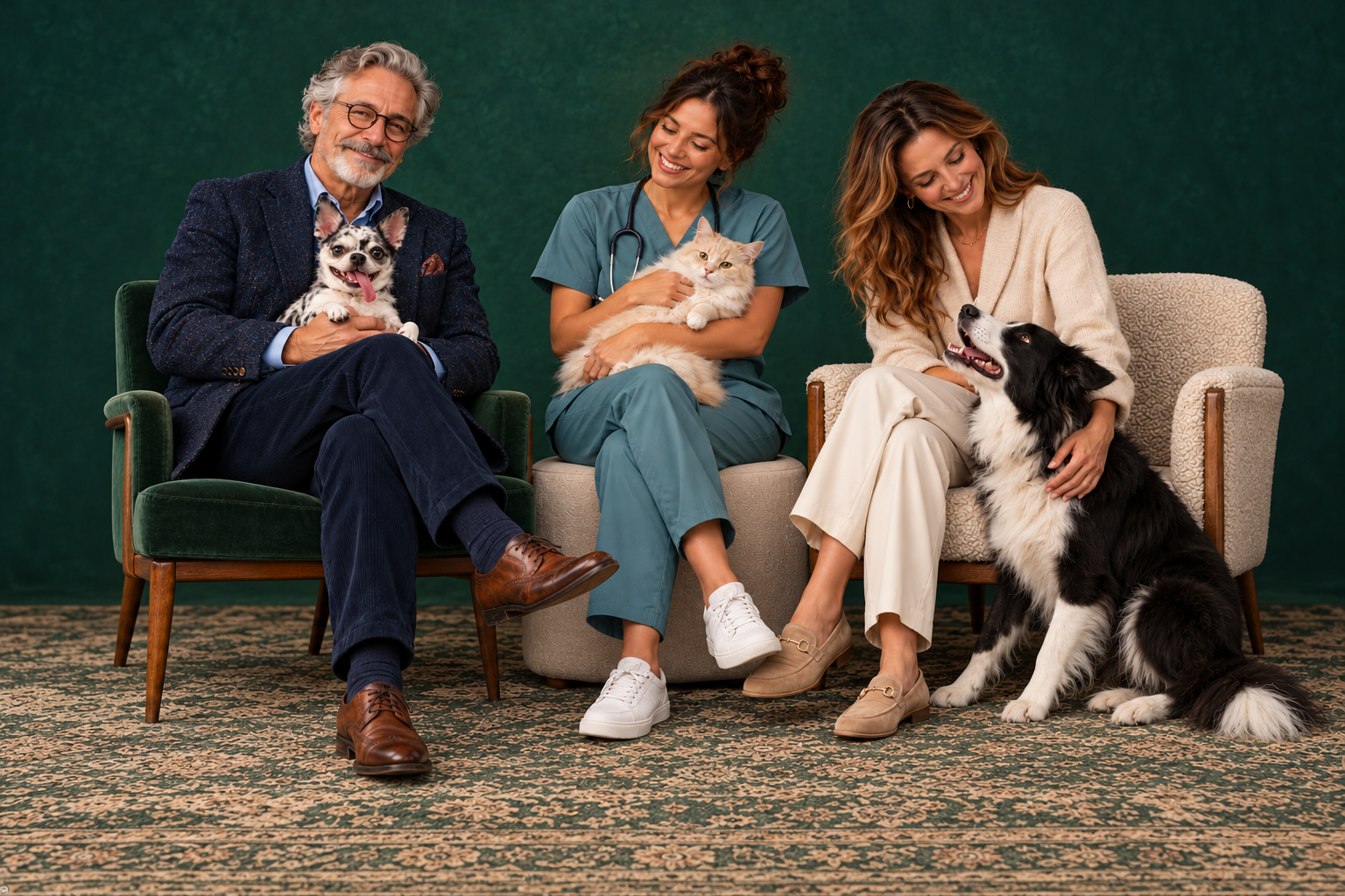 Escena ilustrativa: tres profesionales con una chihuahua, una gata y un border collie