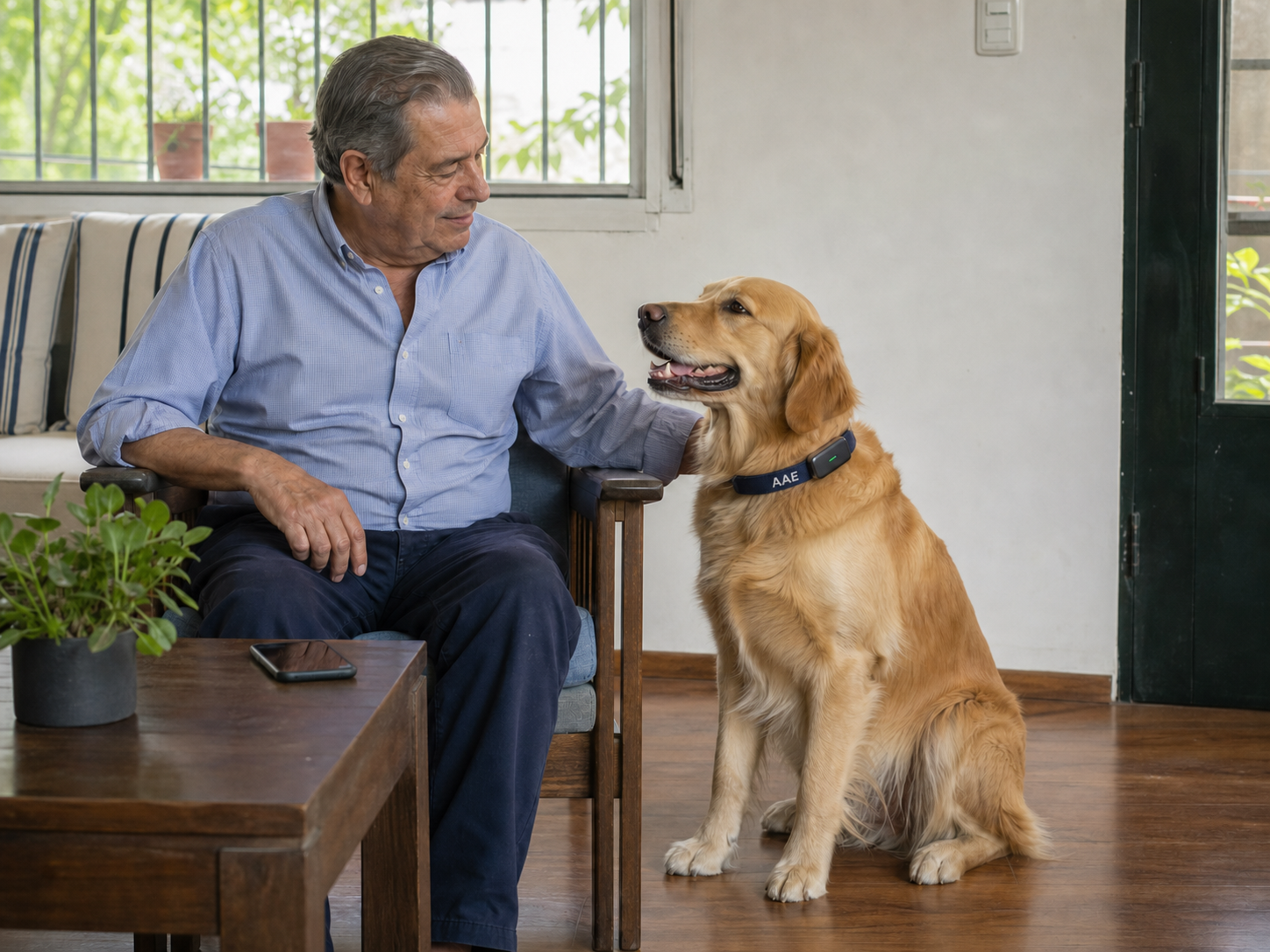 Hombre mayor argentino acompañado por un Golden Retriever con identificación AAE