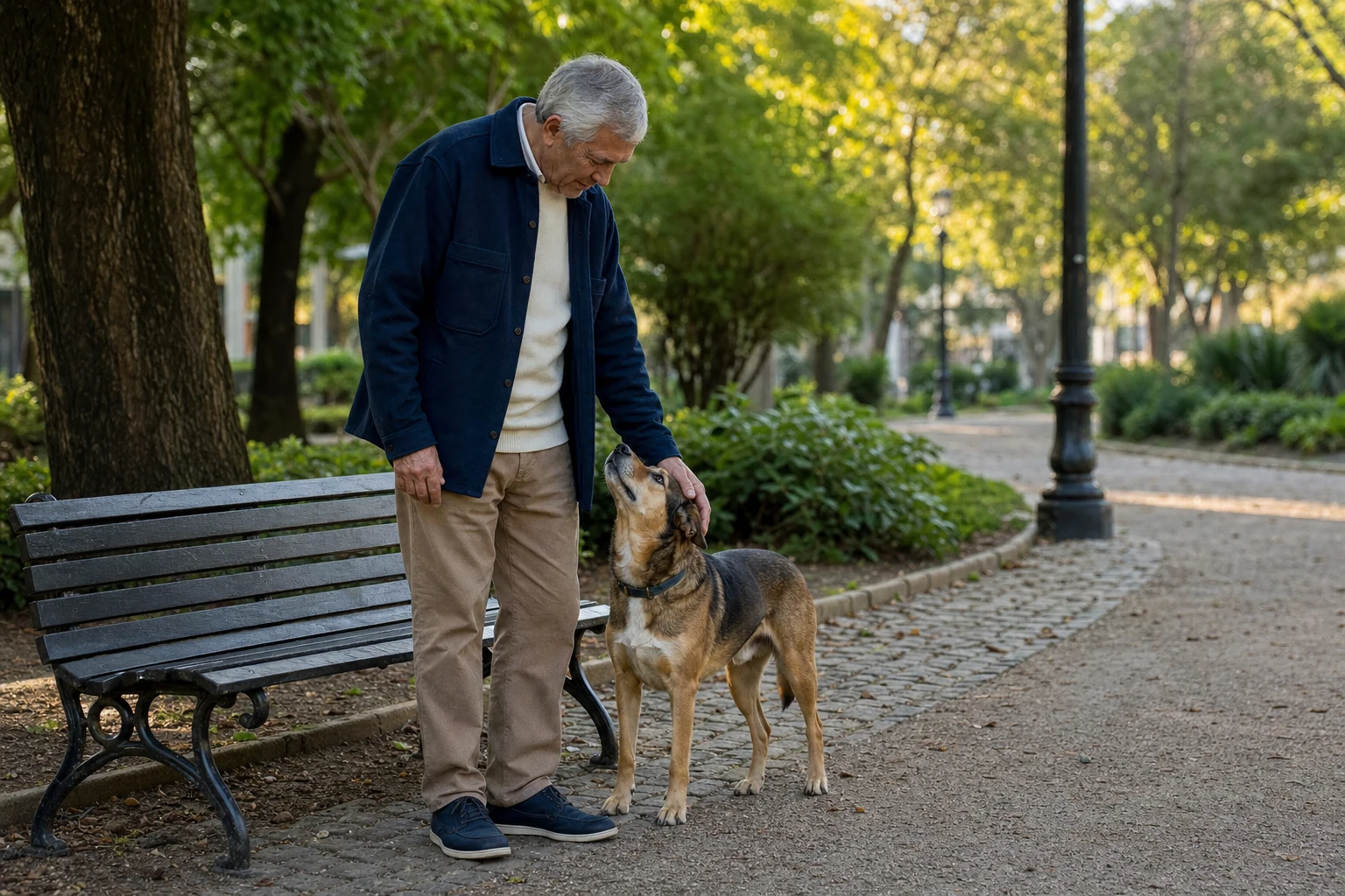 Hombre mayor argentino paseando con su perro en un parque de Buenos Aires