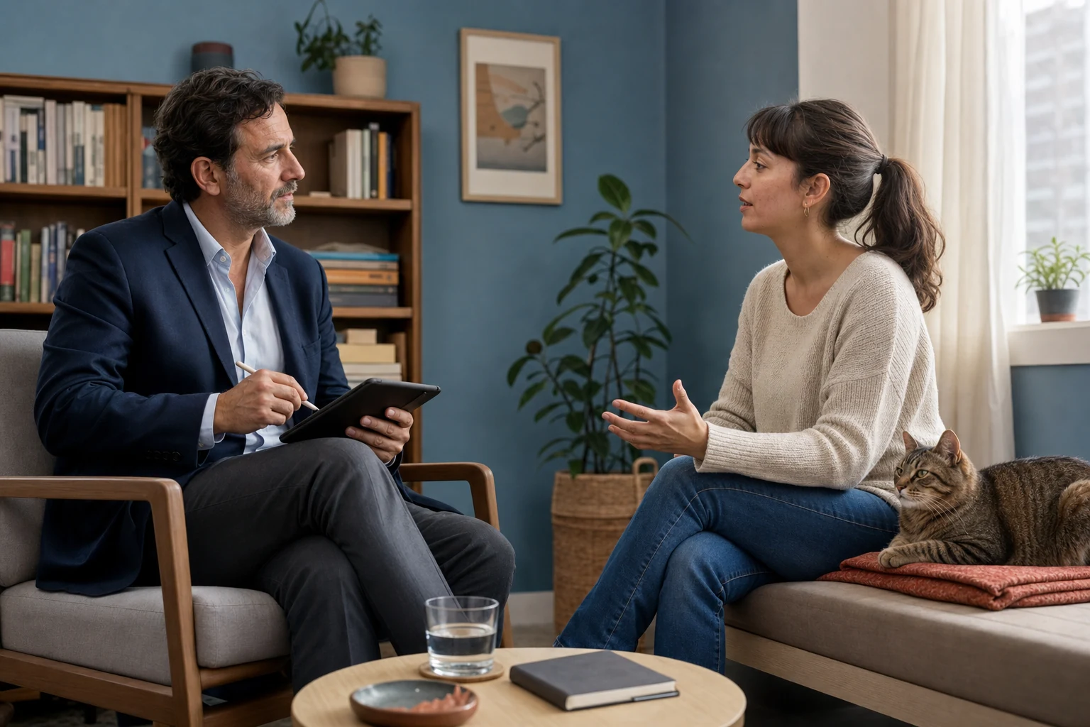 Profesional de la salud conversando con una mujer acompañada por su gato